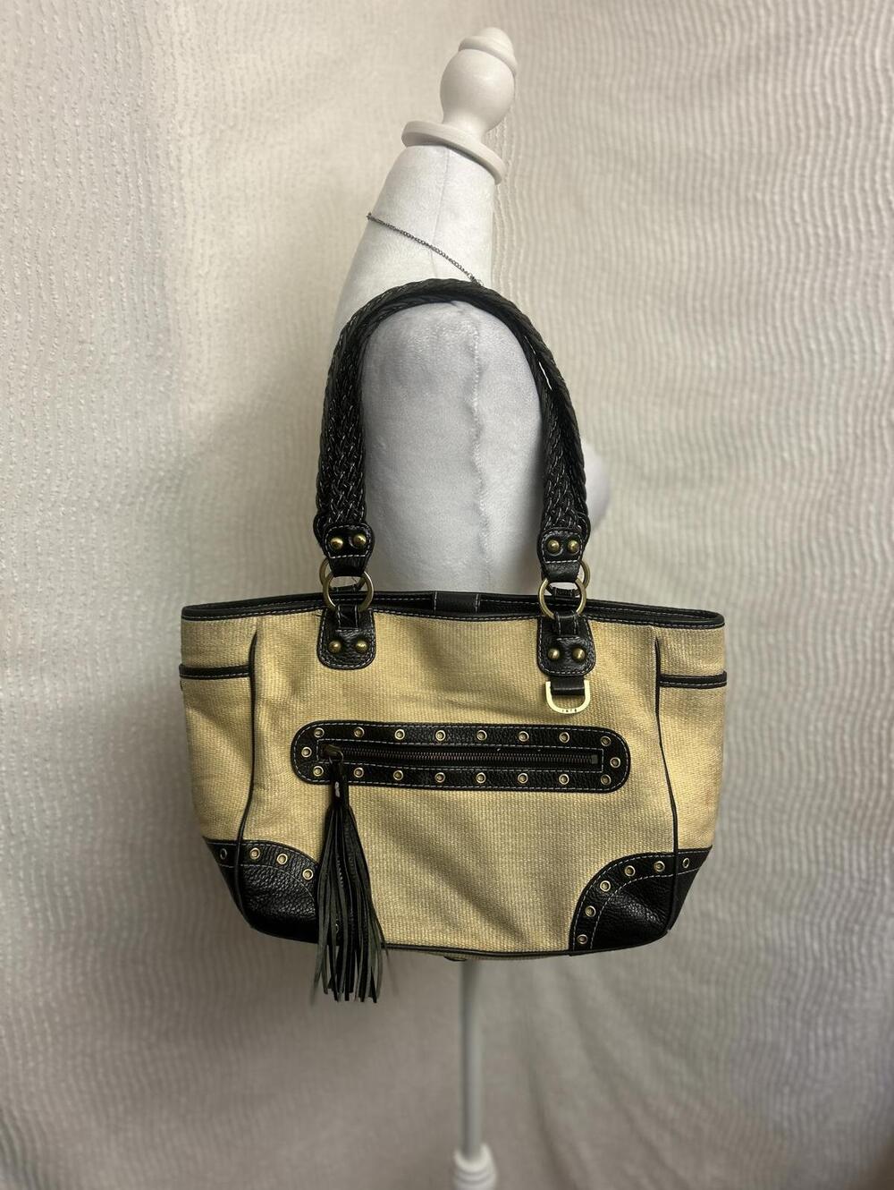 Rafe Straw Look Shoulder Bag Medium Tote Black Straps Fall Boho Chic Handbag Fal